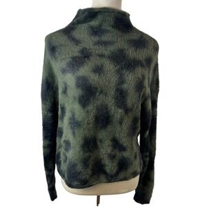 Bella Dahl Fuzzy Leopard Print Mock Neck Sweater Green Black Size Medium